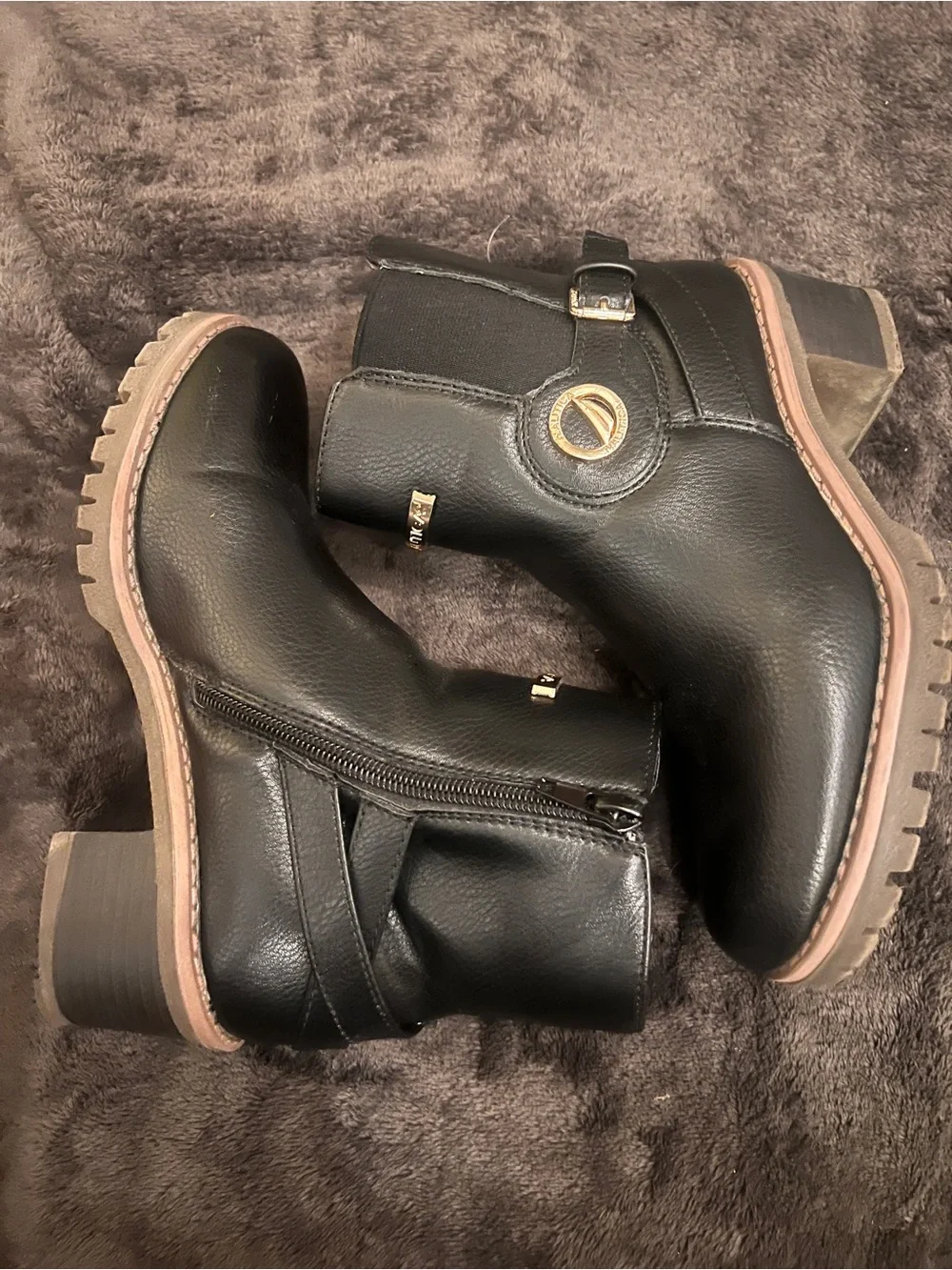 Nautica Black Ankle Boots with Gold Logo Plaques